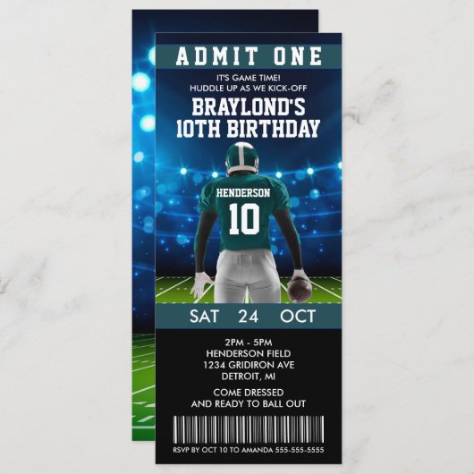 ダークグリーンフットボールチケット誕生日招待状 招待状 (正面/裏面)