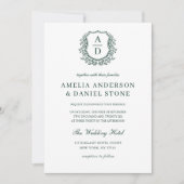 ダークグリーンフローラクレストモノグラム結婚のQRコード 招待状 (正面)