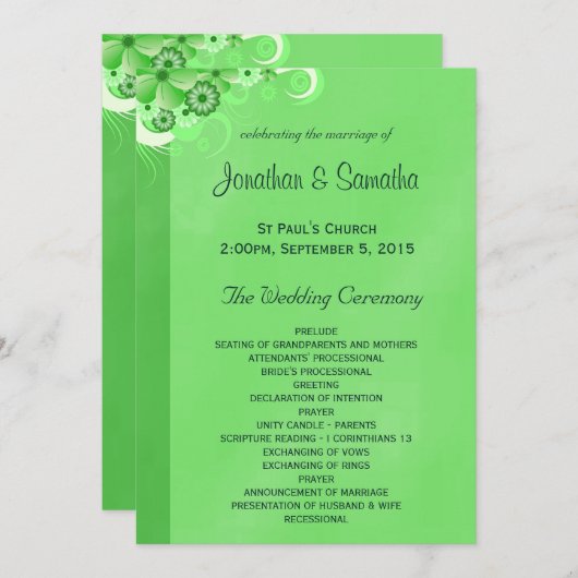 ダークグリーンフローラフラット結婚式 プログラムテンプレート プログラム (正面/裏面)