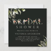 ダークグリーンフローラボタニカルレターブライダルシャワー 招待状 (正面)