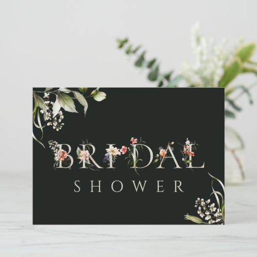 ダークグリーンフローラボタニカルレターブライダルシャワー 招待状 (スタンド正面)