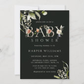ダークグリーンフローラ植物文字ベビーシャワー 招待状 (正面)