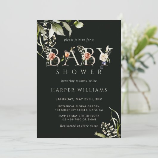 ダークグリーンフローラ植物文字ベビーシャワー 招待状 (スタンド正面)