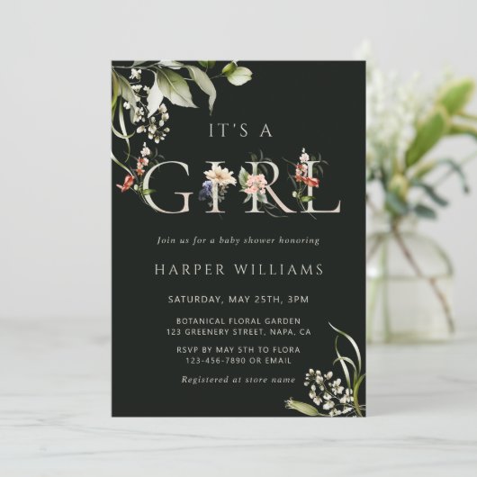 ダークグリーンフローラ植物文字ベビーシャワー 招待状 (スタンド正面)