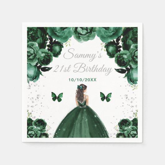 ダークグリーンブルネットヘアプリンセスバースデーパーティー スタンダードカクテルナプキン (正面)