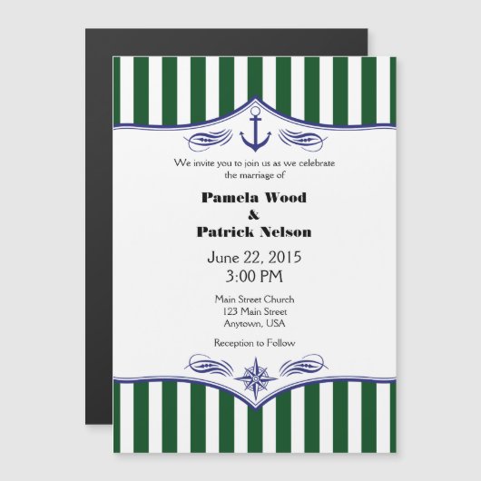 ダークグリーンブルー磁気航海の結婚式 マグネット招待状 (正面/裏面)