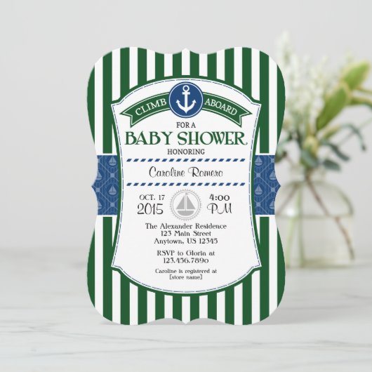 ダークグリーンブルー航海のベビーシャワー招待状 招待状 (スタンド正面)