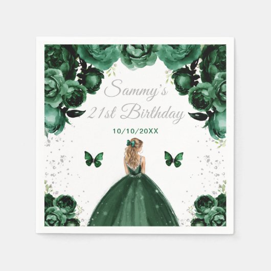 ダークグリーンブロンドヘアプリンセス誕生日パーティー スタンダードカクテルナプキン (正面)