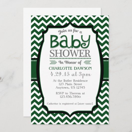 ダークグリーンホワイトシェブロンベビーシャワー招待状 招待状 (正面/裏面)