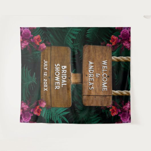 ダークグリーンボタニカル＆ピンクフラワーブライダルシャワー タペストリー (正面(横))