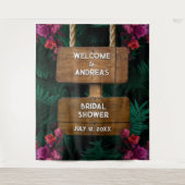 ダークグリーンボタニカル＆ピンクフラワーブライダルシャワー タペストリー (正面)