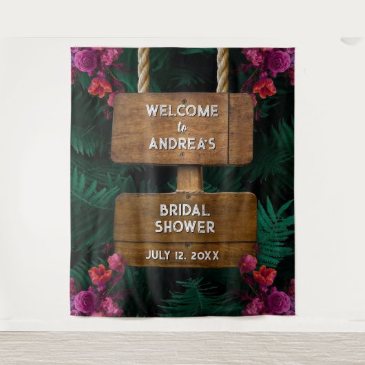 ダークグリーンボタニカル＆ピンクフラワーブライダルシャワー タペストリー (正面)