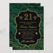 ダークグリーンマラカイトとゴールドフォイルのストラタ誕生日 招待状 (正面/裏面)