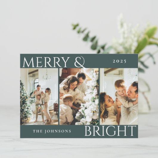 ダークグリーンメリーと明るいフォトコラージクリスマス シーズンカード (スタンド正面)