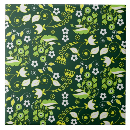 ダークグリーンモダンスカンジナビア花パターン タイル (正面)