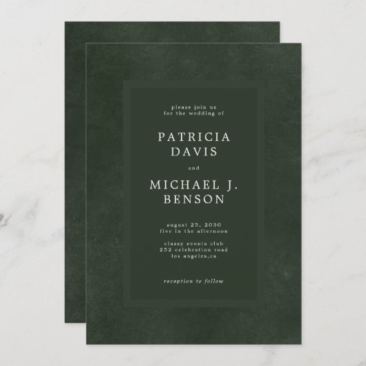 ダークグリーンモダンタイポグラフィエレガントな結婚式 招待状 (正面/裏面)
