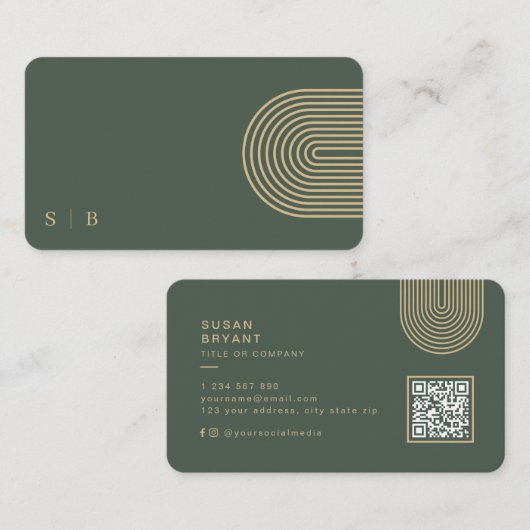ダークグリーンモダンモノグラムQRコードSNS 名刺 (正面/裏面)