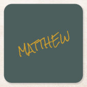 ダークグリーンモダン金ゴールドレタリングスクリプト スクエアペーパーコースター (正面)