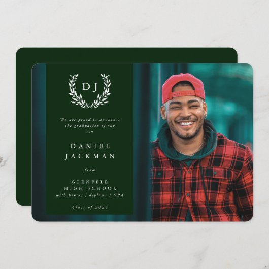 ダークグリーンモノグラムローレルリース卒業写真 案内状 (正面/裏面)