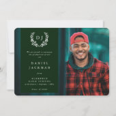 ダークグリーンモノグラムローレルリース卒業写真 案内状 (正面)