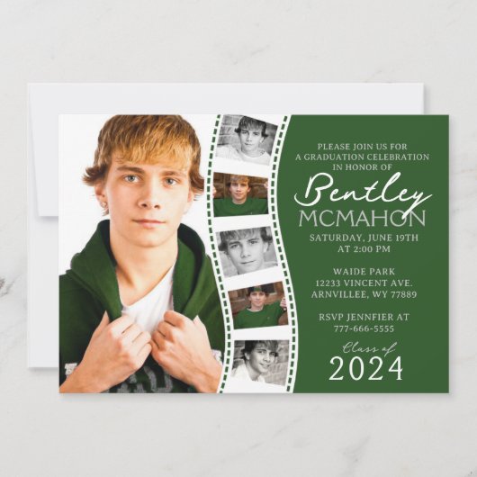 ダークグリーンユニークフィルムストリップ6写真卒業 招待状 (正面)