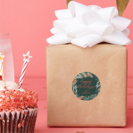 ダークグリーンリースクラシッククリスマスステッカー ラウンドシール (パーティー)