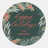ダークグリーンリースクラシッククリスマスステッカー ラウンドシール (正面)