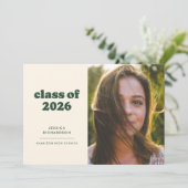 ダークグリーンレトロシンプル写真卒業 案内状 (スタンド正面)