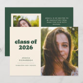 ダークグリーンレトロシンプル写真卒業 案内状 (正面/裏面)