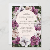 ダークグリーンワインパープル花模様QRコード結婚ズ 招待状 (正面)