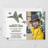 ダークグリーン戦闘機ジェット誕生日招待状写真 招待状 (正面)