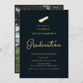 ダークグリーン書道エレガント写真卒業 招待状 (正面/裏面)