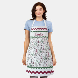 ダークグリーン松の針赤いホリーベリーパターン エプロン