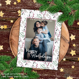 ダークグリーン松の針赤いホリーベリーパターン カード