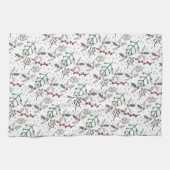 ダークグリーン松の針赤いホリーベリーパターン キッチンタオル (横)