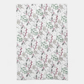 ダークグリーン松の針赤いホリーベリーパターン キッチンタオル (縦)