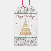 ダークグリーン松の針赤いホリーベリーパターン ギフトタグ (正面)