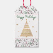 ダークグリーン松の針赤いホリーベリーパターン ギフトタグ (正面)