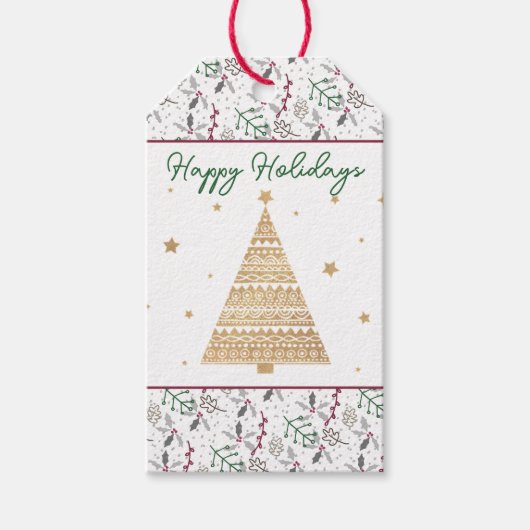 ダークグリーン松の針赤いホリーベリーパターン ギフトタグ (正面)