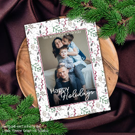 ダークグリーン松の針赤いホリーベリーパターン シーズンカード