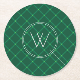 ダークグリーン格子状クリスマスカスタムモノグラム ラウンドペーパーコースター