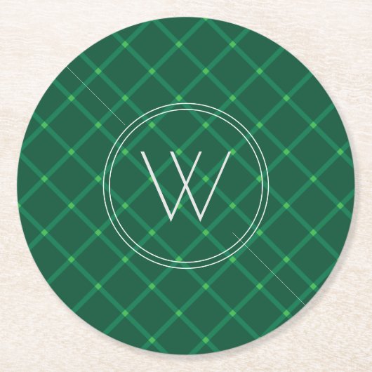 ダークグリーン格子状クリスマスカスタムモノグラム ラウンドペーパーコースター (正面)