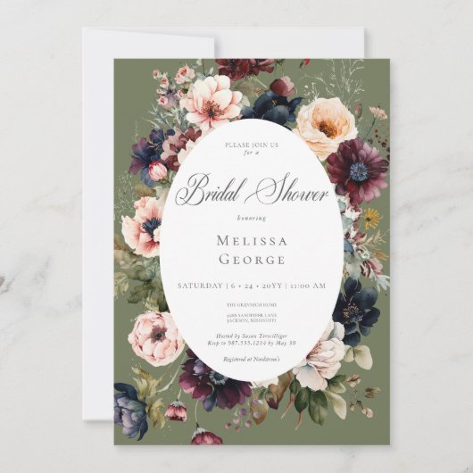 ダークグリーン楕円フローラフレームブライダルシャワー 招待状 (正面)