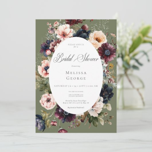 ダークグリーン楕円フローラフレームブライダルシャワー 招待状 (スタンド正面)