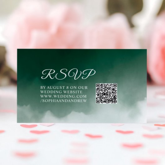 ダークグリーン水の色モダン結婚式RSVP QR エンクロージャーカード