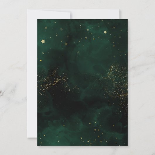 ダークグリーン水彩魔法の金ゴールド結婚ズ 招待状 (裏面)