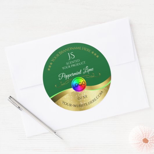 ダークグリーン波状金ゴールドロゴモノグラム製品ラベル ラウンドシール (封筒)