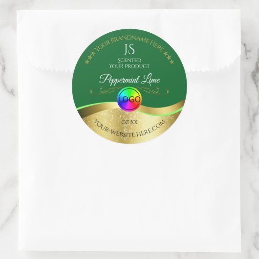 ダークグリーン波状金ゴールドロゴモノグラム製品ラベル ラウンドシール (バッグ)