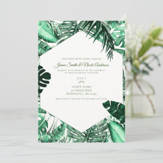 ダークグリーン熱帯パーム葉ズサマー結婚ズ 招待状 (スタンド正面)