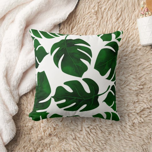 ダークグリーン熱帯葉スホワイトサマーシック クッション (ブランケット)